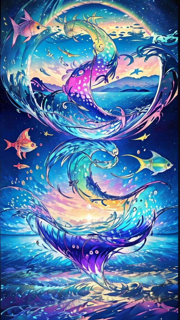 Fish swimming in the rainbow sea,colorful,Beautiful fish,Various kinds of fish、wonderful景色,Utopia,An atmosphere full of dreams and hope,masterpiece.16K, Ultra-high resolution, Ultra-high resolution, to be born,wonderful ,future、Iridescent、The world 30 years from now。