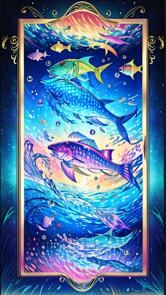 Fish swimming in the rainbow sea,colorful,Beautiful fish,Various kinds of fish、wonderful景色,Utopia,An atmosphere full of dreams and hope,masterpiece.16K, Ultra-high resolution, Ultra-high resolution, to be born,wonderful ,future、Iridescent、The world 30 years from now。