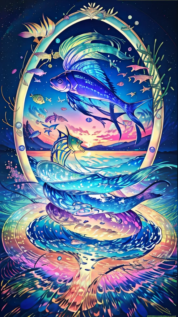 Fish swimming in the rainbow sea,colorful,Beautiful fish,Various kinds of fish、wonderful景色,Utopia,An atmosphere full of dreams and hope,masterpiece.16K, Ultra-high resolution, Ultra-high resolution, to be born,wonderful ,future、Iridescent、The world 30 years from now。