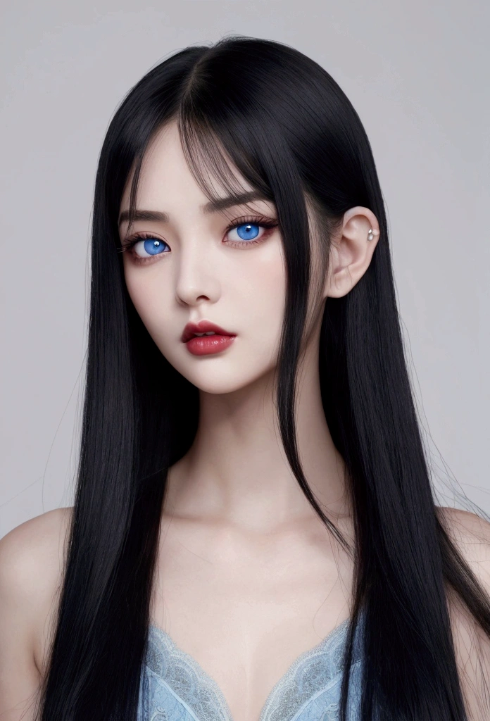 Beautiful girl looking curious. long raven black hair with layers, straight thin eyebrows. small nose. plump rose-tinted lips. slender beautiful blue eyes. good figure, victoria secret model, long eyelashes, pale skin, unreal beauty. asian girl with european feminine pronounced features. lovely slim almond-shaped eyes. Dark brows, positive canthal tilt that is not too extreme, minimal uee, almond eye shape indicating good midface bone support, good eye width to height ratio, defined medial canthus that is not too extreme, ideal eye separation ratio, color too secondarily as it is uniquely her. cute tiny button nose. white pale skin. black hair blue eyes. black hair blue eyes. black hair blue eyes. black hair blue eyes. absolutely divine, looks like a succubus. succubus. succubus. succubus. succubus. succubus 