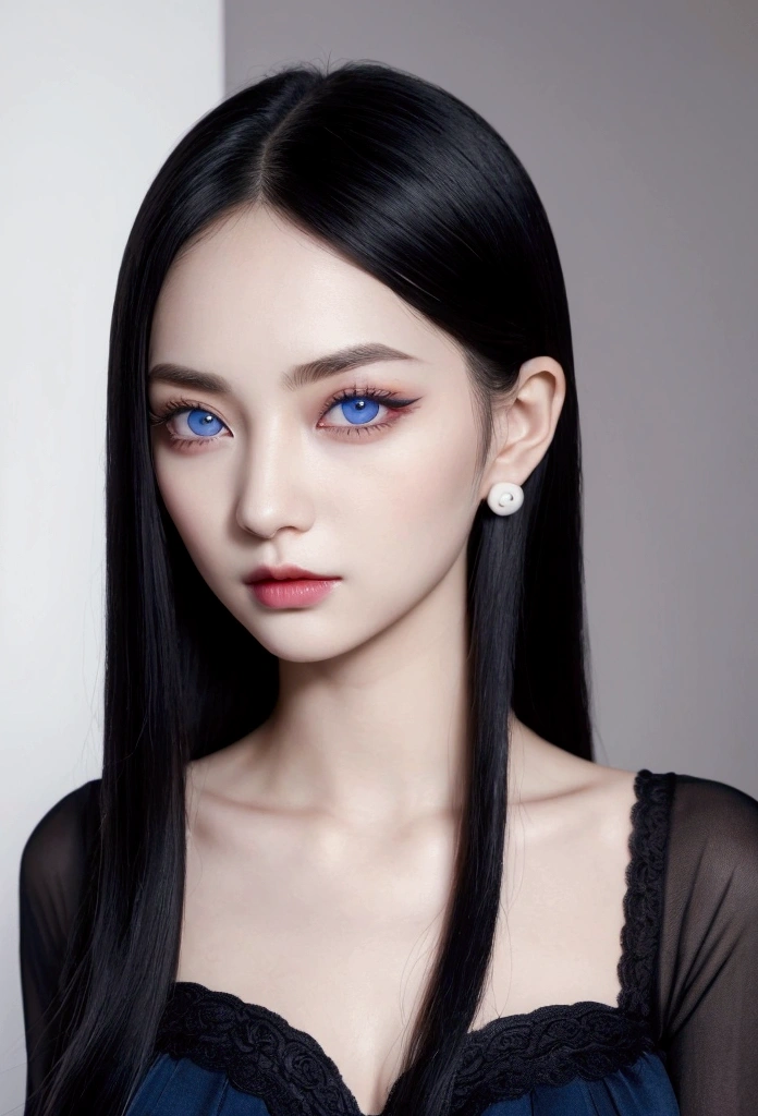 Beautiful girl looking curious. long raven black hair with layers, straight thin eyebrows. small nose. plump rose-tinted lips. slender beautiful blue eyes. good figure, victoria secret model, long eyelashes, pale skin, unreal beauty. asian girl with european feminine pronounced features. lovely slim almond-shaped eyes. Dark brows, positive canthal tilt that is not too extreme, minimal uee, almond eye shape indicating good midface bone support, good eye width to height ratio, defined medial canthus that is not too extreme, ideal eye separation ratio, color too secondarily as it is uniquely her. cute tiny button nose. white pale skin. black hair blue eyes. black hair blue eyes. black hair blue eyes. black hair blue eyes. absolutely divine, looks like a succubus. succubus. succubus. succubus. succubus. succubus