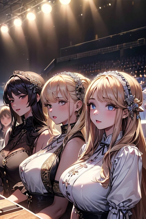 (masterpiece:1.2), (best quality:1.2), (extremely detailed:1.2), (extremely detailed face), (photorealistic:1.2), (ultra detailed), ((3girls:1.6)), delicate eyes and face, detailed eyes, (Clothing:1.0), breasts, (concert, crowd:1.3) 