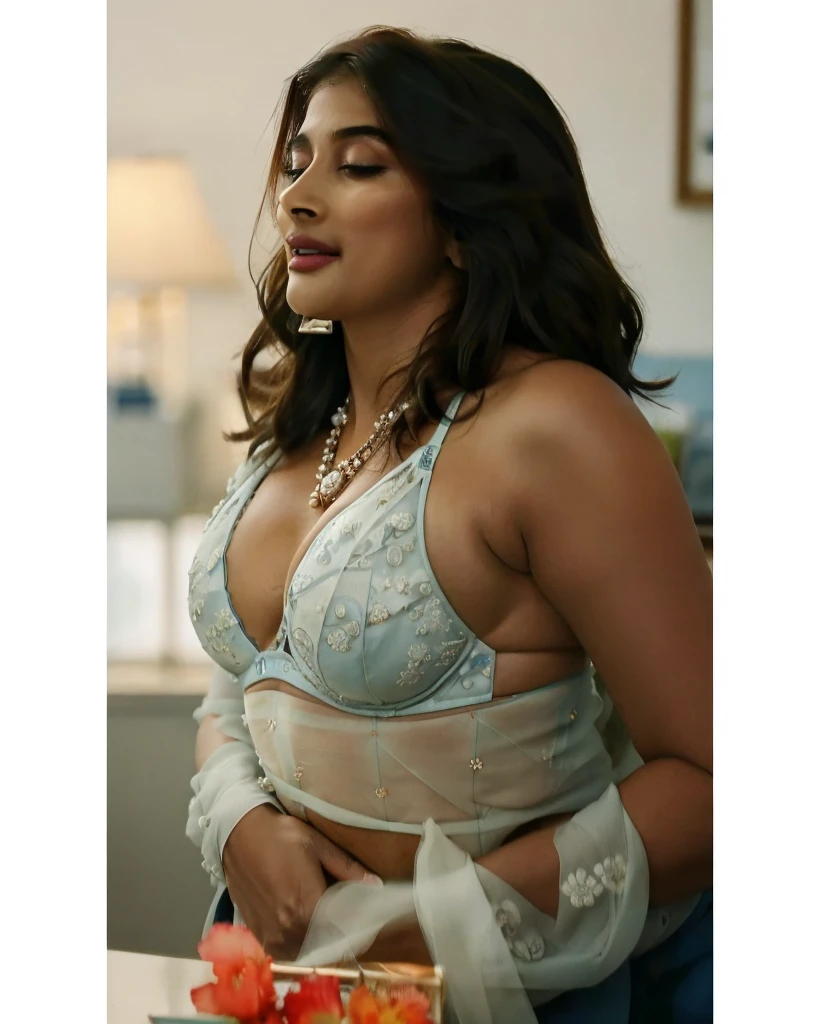  photo of Semi naked pooja hegde masturbating pussy in office, chin up and self pleasure in pain, open mouth wide, laugh, curvy, hourglass figure, closed eyes, standing with wide open spread legs, necklace, blue floral lace bra and saree, sultry, ponytail, 