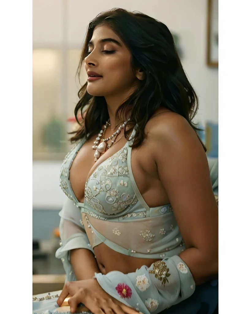 photo of Semi naked pooja hegde masturbating pussy in office, chin up and self pleasure in pain, open mouth wide, laugh, curvy, hourglass figure, closed eyes, standing with wide open spread legs, necklace, blue floral lace bra and saree, sultry, ponytail,