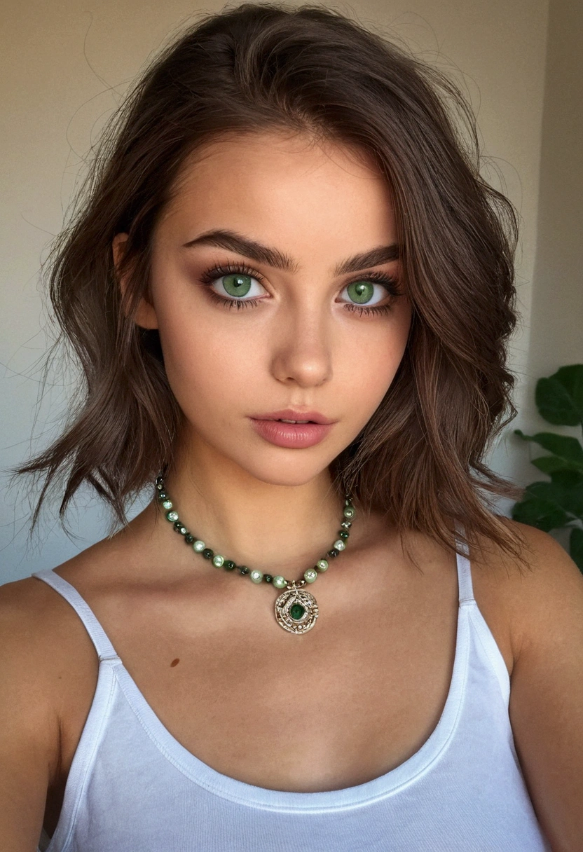 Arafed Femme portant un débardeur blanc et un collier, Fille sexy aux yeux verts, Portrait Sophie Mudd, cheveux bruns et grands yeux, selfie d'une jeune femme, yeux de la chambre, Violette Myers, sans maquillage, Maquillage naturel, regardant directement la caméra, Cara avec Artgram, maquillage subtil, Impresionante foto de corps entier, yeux verts perçants, bel angle, pose attrayante, Mignon , pose sexy, Image du corps entier, corps entier, séance photo sur tout le corps, déesse brune, Détail élevé, Pose satisfaite, pantalon en cuir decoltes debout face au mur