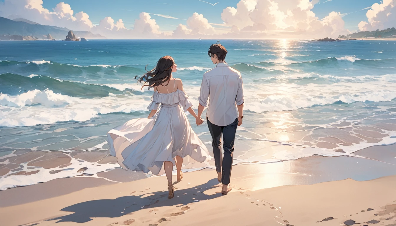 (Highest quality),Couple,Walking hand in hand,beach
