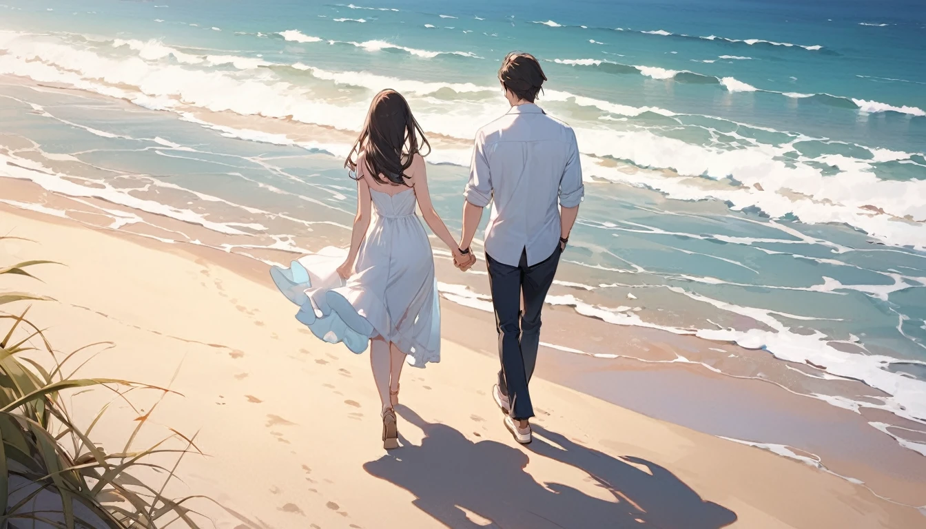 (Highest quality),Couple,Walking hand in hand,beach