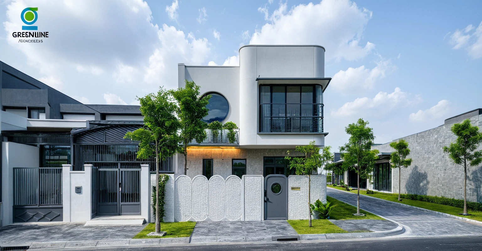 Raw photo, great product, high quality, best quality, authentic, super detailed, outdoor, 2-storey house, modern townhouse style, (white wall), Gray stone fence, painted curved wall white, Curved wall facade, aluminum glass door interior, white painted curved planter, gray tiled wall, gray iron box outer gate, road, sidewalk, grass, trees, sky, clouds, (daylight):1.1)