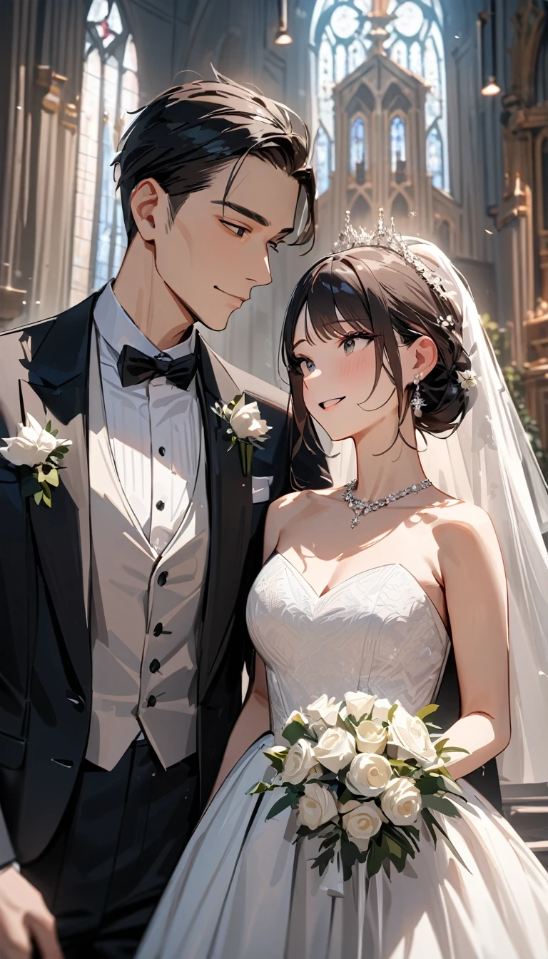  masterpiece , modern, Verism, masterpiece, super detail, best quality, 4K ,(head shot),　Male and female couple standing side by side,a woman,Wedding dress, a man ,tuxedo,church,wedding,Happy atmosphere
