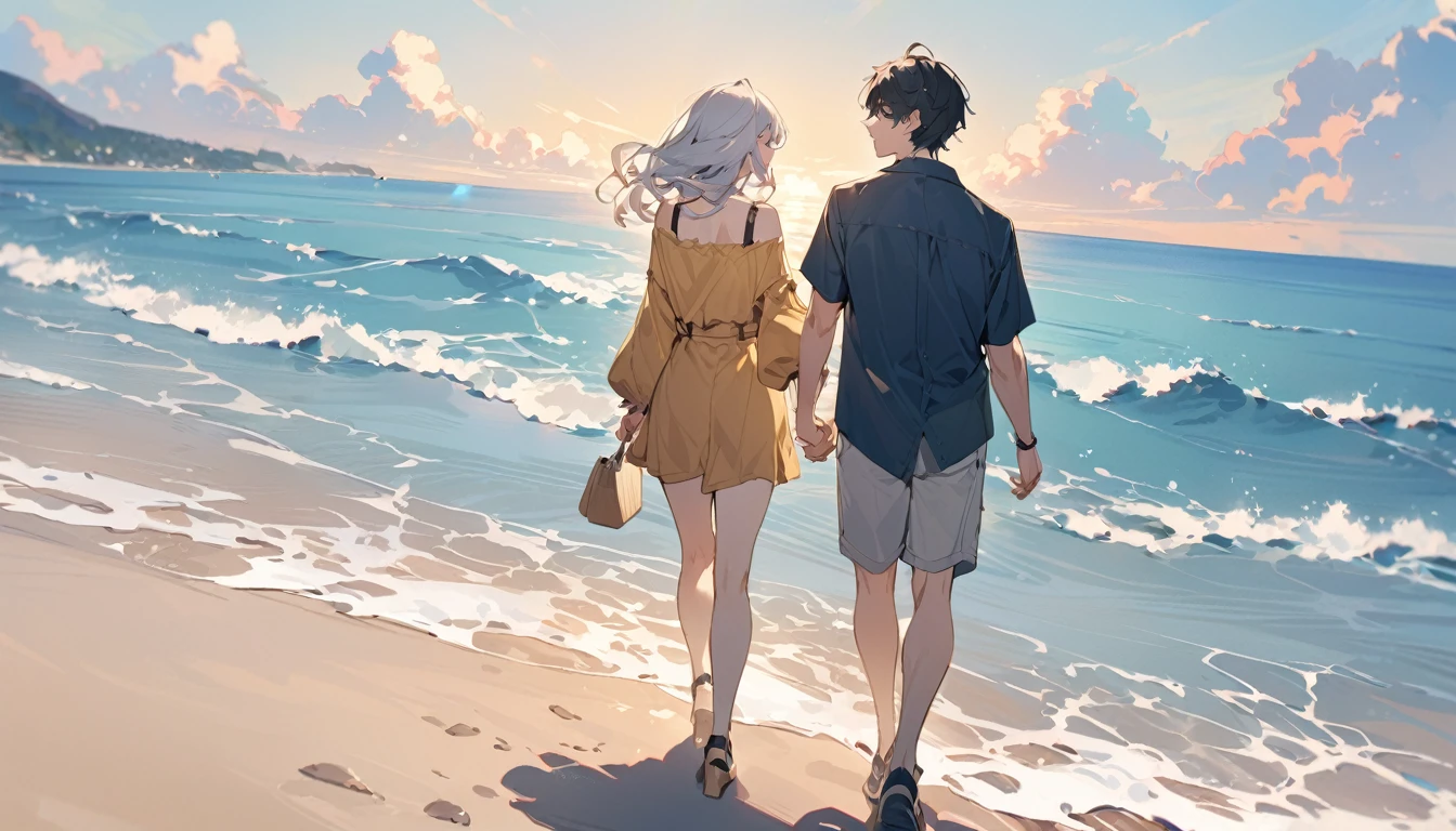 (Highest quality),Couple,Walking hand in hand,beach