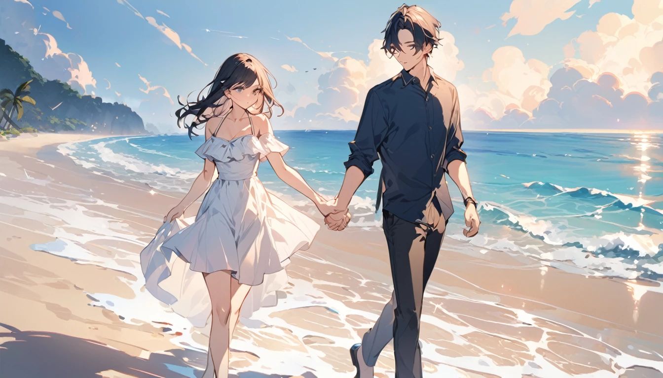 (Highest quality),Couple,Walking hand in hand,beach