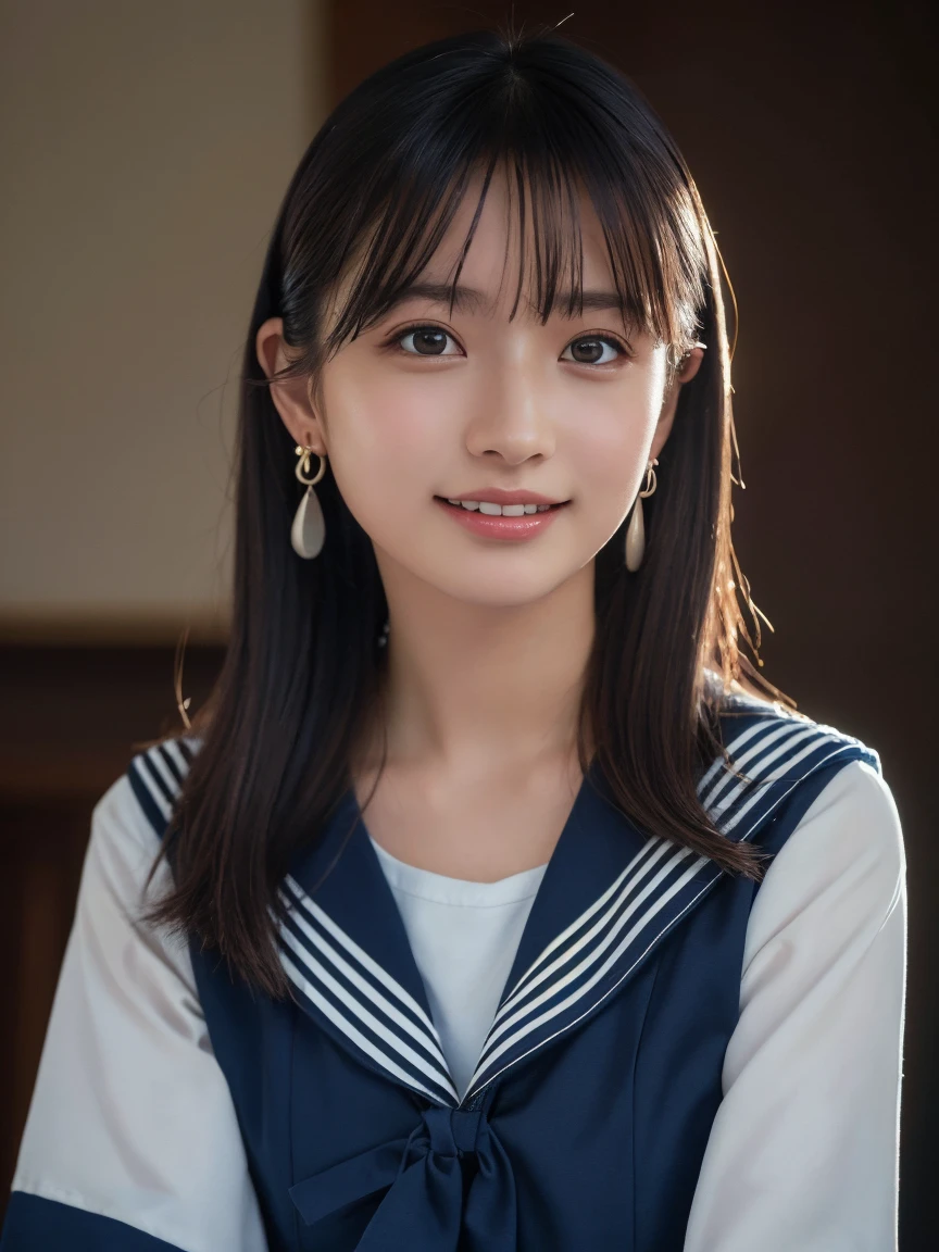 (Highest quality:1.4),(masterpiece:1.4),(Realistic:1.4),(Realistic:1.2),(超High resolution, RAW Photos:1.4),(High resolution, Very detailed:1.2),(8k:1.2),Movie Photos,Photographed in natural light, a photo of a dark-haired,One Girl,smile,Sailor suit, Simple Earrings,alone,wear,((Upper Body:1.3))