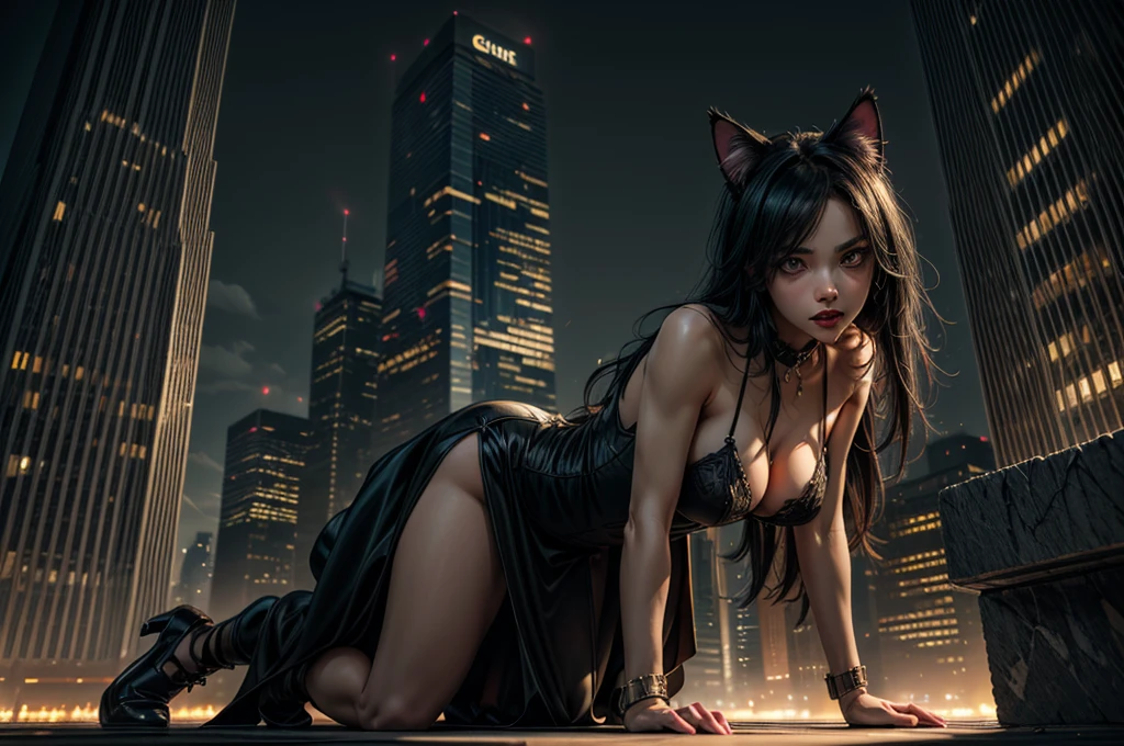 Detailed cat ears、Detailed whisker pad、Detailed vertically elongated pupil、long straight black hair、Baring his fangs_Wearing a black dress_Beautiful cat girl giantess、((aerial photograph))、Crawling on all fours across a skyscraper at night、Manhattan skyscrapers in the background、Mythical creatures、Real、Very detailed、8k、masterpiece、Dramatic lighting、Cinematic、grace、Felidae、Powerful、Strong gaze、Perfect Skin、Exquisite details、Dynamic pose、Atmospheric、Stunning colors、Chiaroscuro