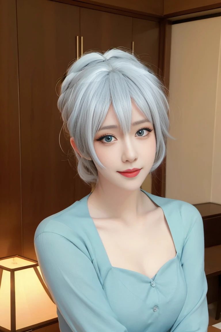 ulzzang-6500-v1.1,(raw photo:1.2),((photorealistic:1.30)), ((best quality)) ,((masterpiece)),((Ultra High Resolution)), ((Clear View)),,Ultra-high resolution,Clear face,（Reality：1.4) ,  illustration, an extremely delicate and beautiful, extremely detailed ,CG ,unity ,8k wallpaper, Amazing, finely detail, masterpiece,best quality,official art,extremely detailed CG unity 8k wallpaper,absurdres, incredibly absurdres, huge filesize, ultra-detailed, highres, extremely detailed,beautiful detailed girl, extremely detailed eyes and face, beautiful detailed eyes,light on face,cinematic lighting, 25 year old woman, 1 girl, cute, 独奏, bedroom, tutoring, books in table, fruit in table, chair beside table, sitting, dating, (nose blush), (smile:1.15), (closed mouth) ,small breasts, beautiful detailed eyes, (collared shirt:1.1),kimono, (short hair:1.5), floating hair NovaFrogStyle, silver hair, Blue eyes, natural lips, slim body, standing, full body,