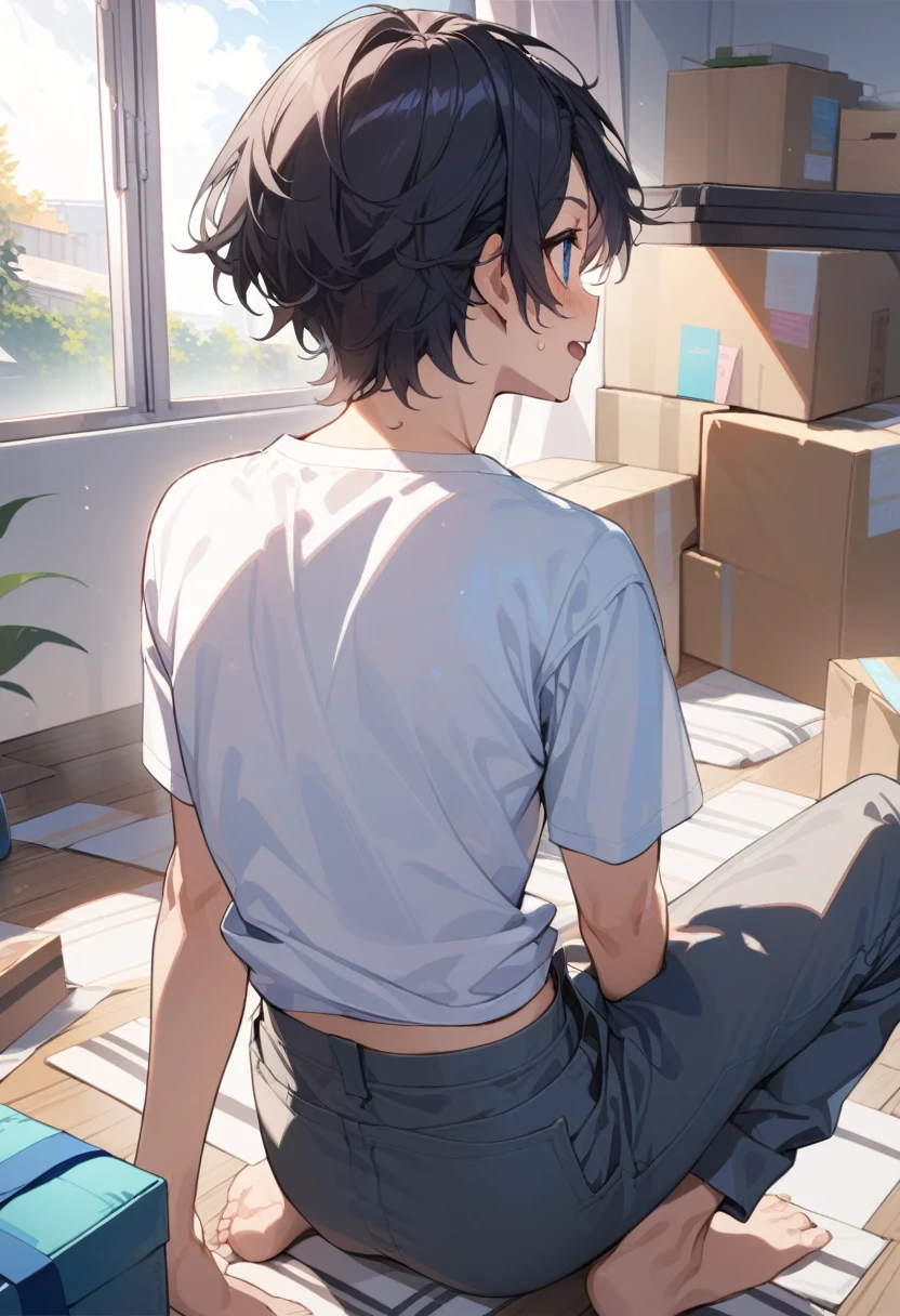 masterpiece, best quality, extremely detailed, ultra detailed, flat anime, 2D, 
((1boy)),black hair, (short hair:1.5),blue eyes, height 1.7meters, (circle eyes:1.2), (young adult:1.2), Ear-length sideburns, 
long Sleeves, White T-shirt, barefoot, ((short sleeves)), ((long pants)), 
squatting, looking back, open mouth,  
summer, 12AM, livingroom,organizing the boxes.,