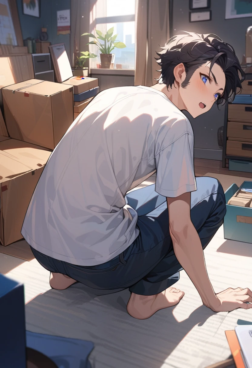 masterpiece, best quality, extremely detailed, ultra detailed, flat anime, 2D,
((1boy)),black hair, (short hair:1.5),blue eyes, height 1.7meters, (circle eyes:1.2), (young adult:1.2), Ear-length sideburns,
long Sleeves, White T-shirt, barefoot, ((short sleeves)), ((long pants)),
squatting, looking back, open mouth,
summer, 12AM, livingroom,organizing the boxes.,