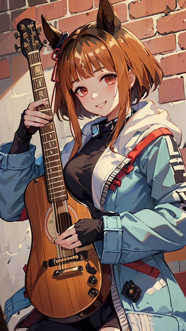 masterpiece, Highest quality, High resolution, Very detailed,(((Transcend))), (((I have a guitar。)))、(((Brick wall background)))、(((smile)))、sunny, Horse ears