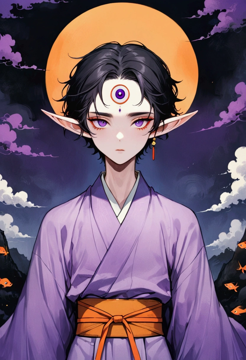 (masterpiece, best quality), Japanese cartoons, Japanese cartoons style, illustration,艺术illustration，Dark Style，(((1 boy，solo，The third eye on the forehead，Elf ears))),(((Gorgeous Japanese purple kimono：1.6，Eye))).(((Thin waist，Orange belt：1.37)))whole body，Death Stare Background。