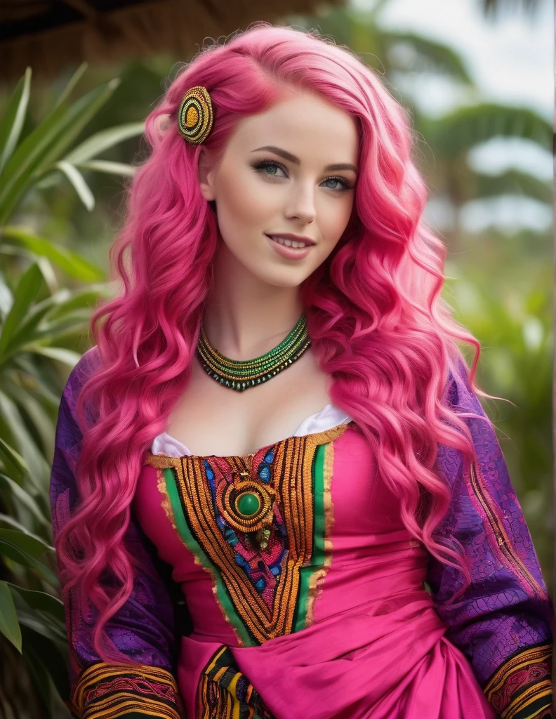 Very attractive 25 year old caucasian female with long wavy bright pink hair, wearing traditional Tanzanian costume, traditional colours, full length, photo quality