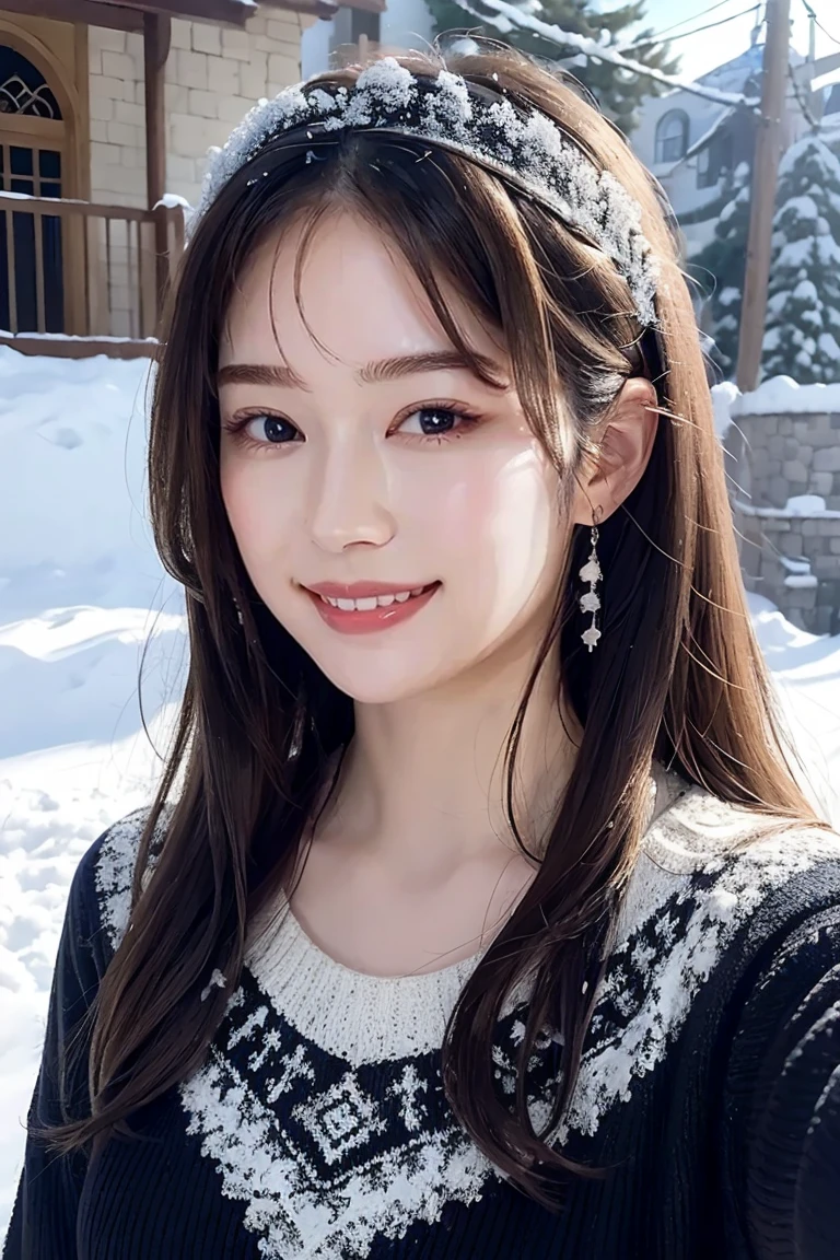 ((Biologically correct limb count))、Cowboy Shot，4K、masterpiece、((Focus on the face))、((Symmetrical facial features))、Eyes of meticulous depiction、Beautiful woman、Great style、Detailed depiction of the face、Small earrings、necklace、((Close-up photo of the upper body))、(Black jumper;1.5)、Scenery of the old castle、（Low - Angle）、(smile)、((The surroundings are covered in snow.)、can&#39;I can&#39;I can&#39;t see anything around me)、