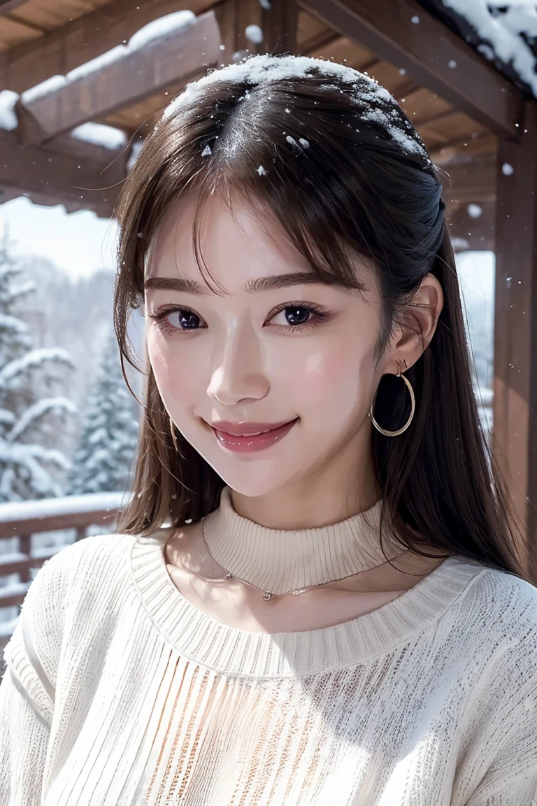 ((Biologically correct limb count))、Cowboy Shot,4K、masterpiece、((Focus on the face))、((Symmetrical facial features))、Eyes of meticulous depiction、Beautiful woman、Great style、Detailed depiction of the face、Small earrings、necklace、((Close-up photo of the upper body))、(Black jumper;1.5)、Scenery of the old castle、(Low - Angle)、(smile)、((The surroundings are covered in snow.)、can'I can'I can't see anything around me)、