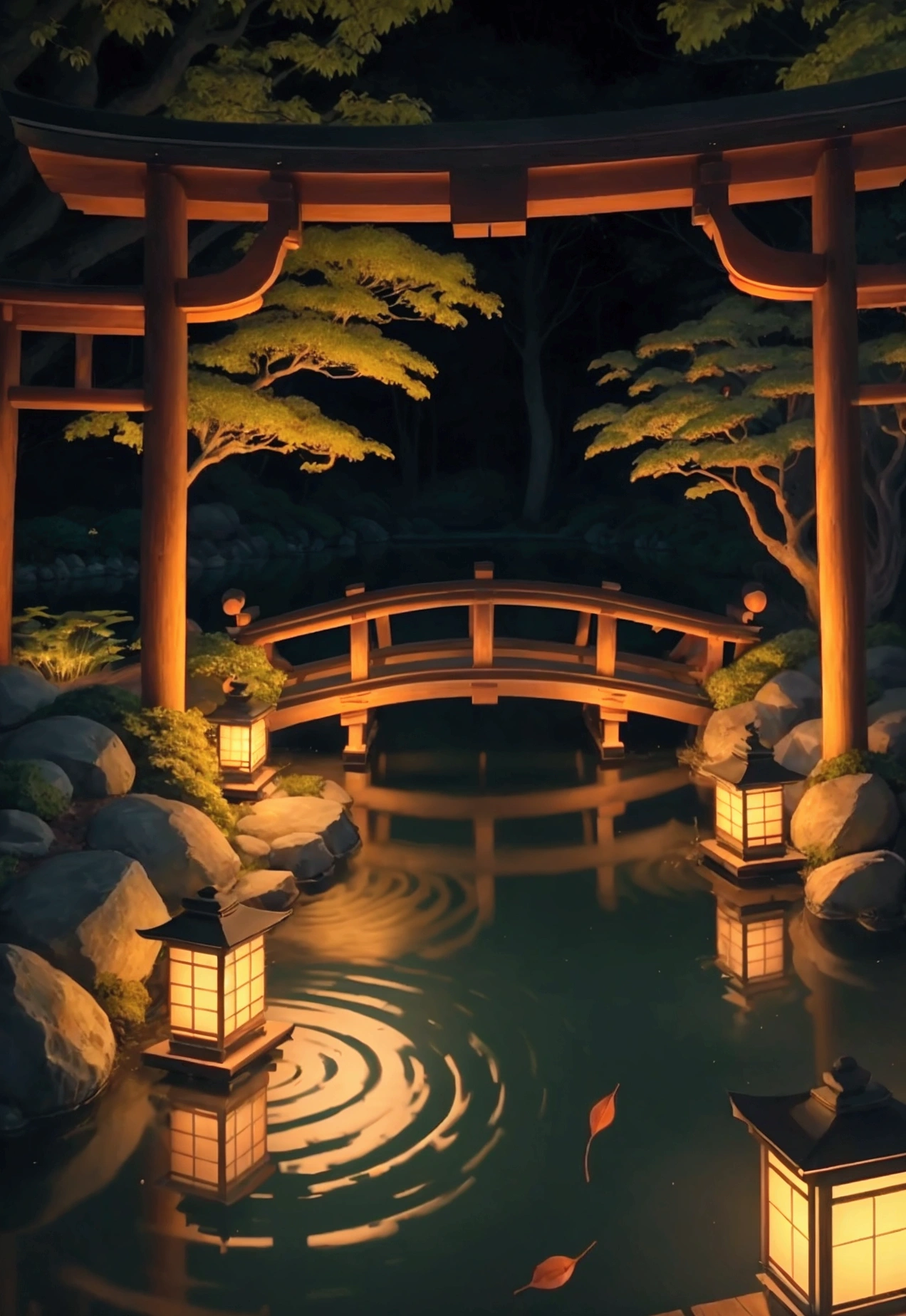 Night scene inspired by Japanese art, The garden is full of paper lanterns,There is a wooden bridge on the tranquil lake. Starry sky reflected in water, Create a magical environment. by the lakeside, There is a small Zen temple with candles lit, People come here to meditate. The leaves sway gently in the wind, Create a calm and peaceful atmosphere.