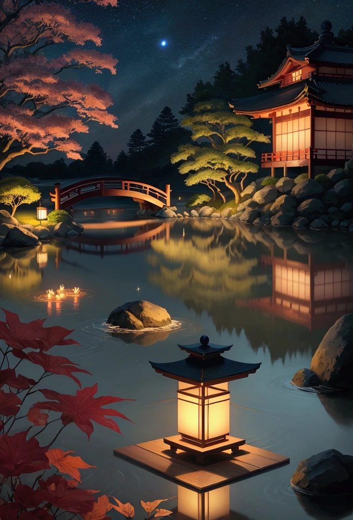 Night scene inspired by Japanese art, The garden is full of paper lanterns，There is a wooden bridge on the tranquil lake. Starry sky reflected in water, Create a magical environment. by the lakeside, There is a small Zen temple with candles lit, People come here to meditate. The leaves sway gently in the wind, Create a calm and peaceful atmosphere.