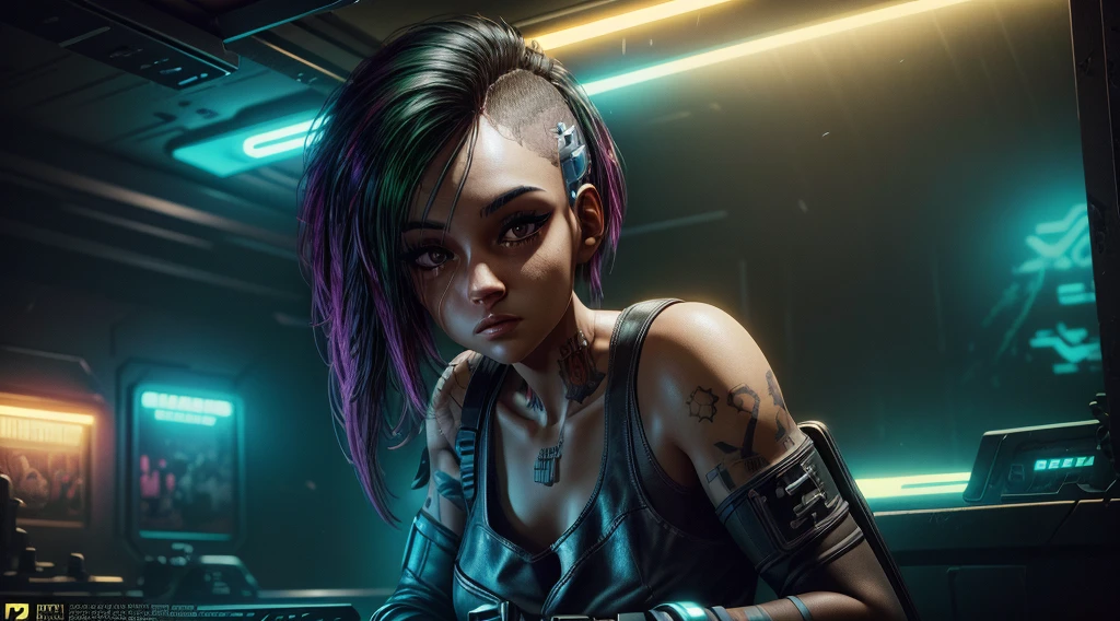 Judy Alvarez from cyberpunk 2077, background is a bright scene, neon lights illuminating the area around her, The artwork is rendered in an edgy and realistic style, with high attention to detail and sharp focus. The colors are vivid and contrasted, with a slight desaturation to create a moody atmosphere. shadowy highlights enhancing the overall composition. The medium used is a digital illustration, with a touch of photo-realistic elements to add depth and texture to the image. The final result is a masterpiece in ultra-high resolution,