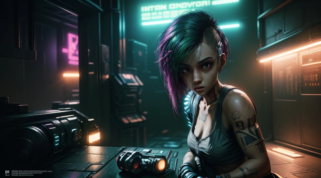 Judy Alvarez from cyberpunk 2077, background is a bright scene, neon lights illuminating the area around her, The artwork is rendered in an edgy and realistic style, with high attention to detail and sharp focus. The colors are vivid and contrasted, with a slight desaturation to create a moody atmosphere. shadowy highlights enhancing the overall composition. The medium used is a digital illustration, with a touch of photo-realistic elements to add depth and texture to the image. The final result is a masterpiece in ultra-high resolution,