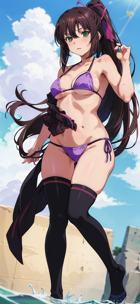 masterpiece, best quality,1girl,solo,kirasaka sayaka,brown hair,long hair,ponytail, hair ribbon, green eyes,,purple thighhighs, wariza, (bikini). 