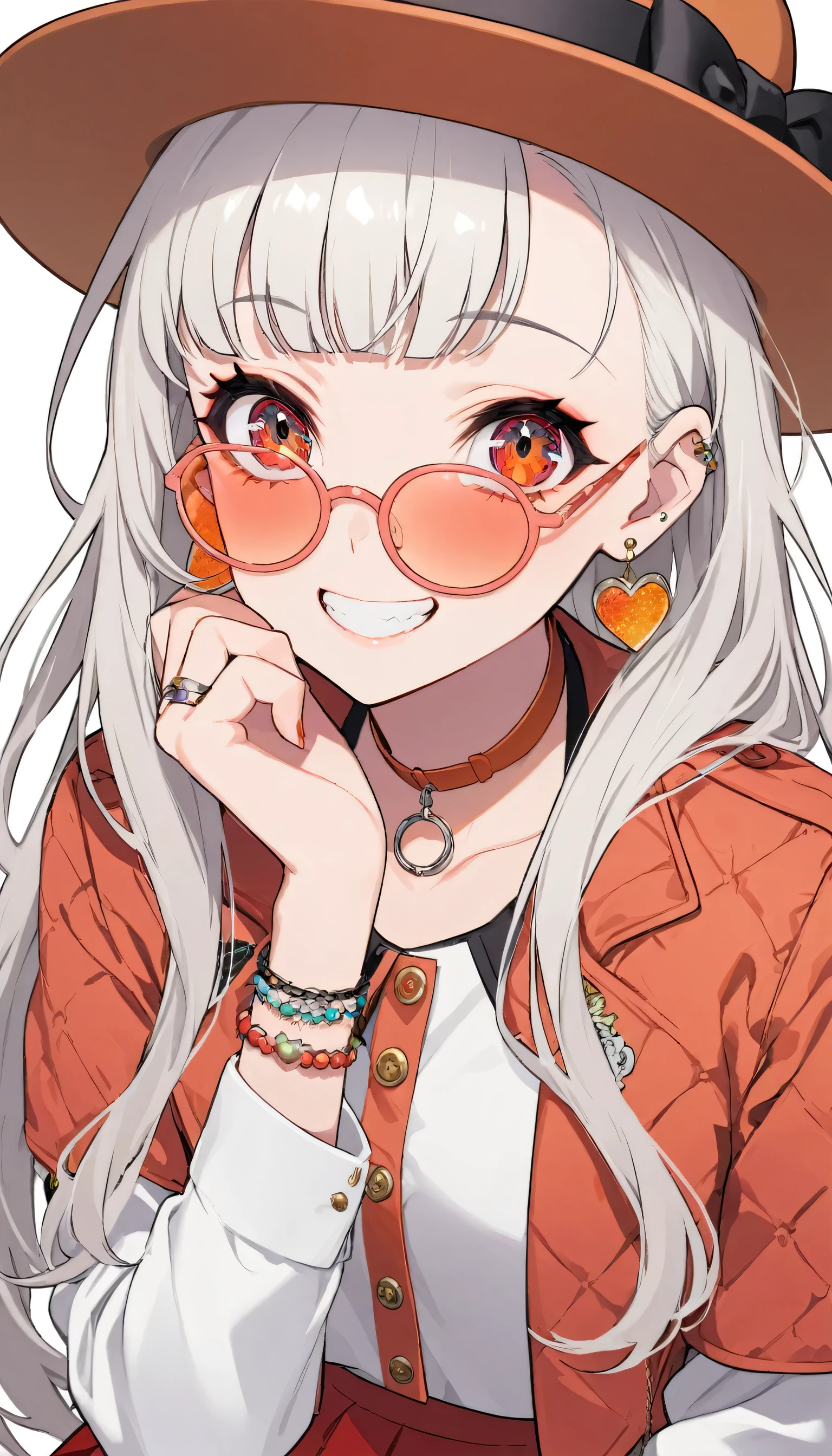 One girl, alone, Long Hair, View your viewers, smile, bangs, Blue Jacket, Red pastel skirt、Red eyes,White hair in the eye、Beautiful eyes that shine、Boater hat、jewelry, Sitting, Jacket, Upper Body, Silver Hair、 earrings, Glasses, teeth, Grin, open Jacket, Earrings, sunGlasses, ring, ear Earrings,Colored Glasses, White Background、White background,Umaibo、Candy