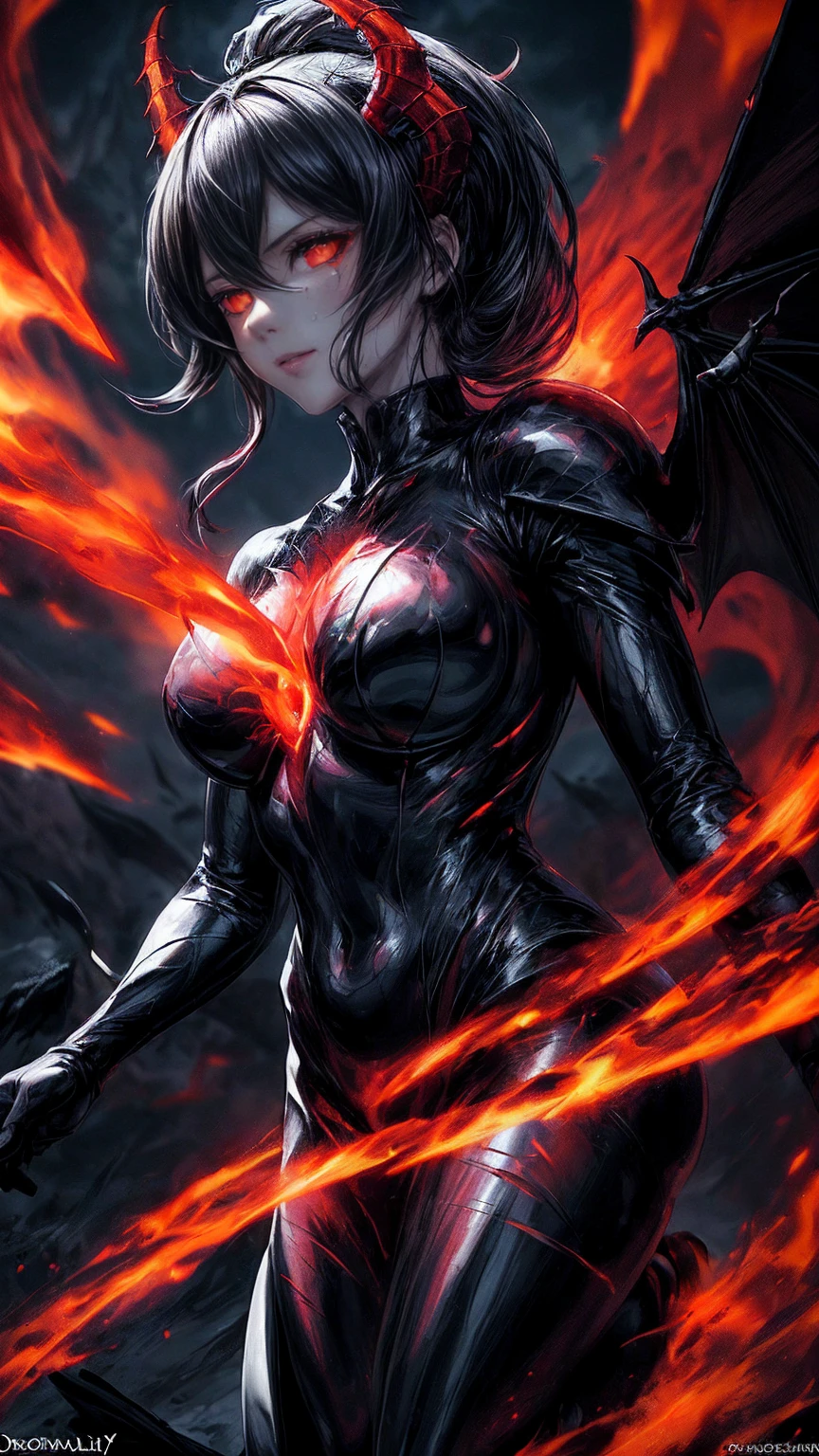 Storyboard, masterpiece, highest quality, dragonlady queen, perfect demoness, bright red glowing eyes, detailed eyes (1.4), scars on face, villainous expression, flaming skin body with bioluminescent glowing pattern, ready for battle, blurred stormy background, dark atmosphere, lighting in background,full body,