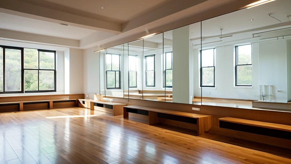 Modern ballet studio interior、The walls are white and feature stylish windows and long mirrors.、High resolution illustrations
