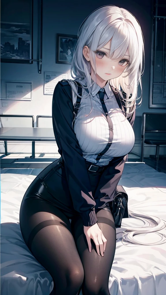 1 Girl:1.3), Solitary, __body parts__ Delicate and realistic skin, Pale skin, Large target, Official Art, Unity 16K Wallpaper, Ultra Detailed, beauty, masterpiece, best quality, Awesome atmosphere, Calming color palette, A calm mood, Soft shadows, Airline stewardess, charm,((Large Breasts)),Black tights,Police Uniform,((Black leggings)),sweater,blush,liquid,cute,Tights