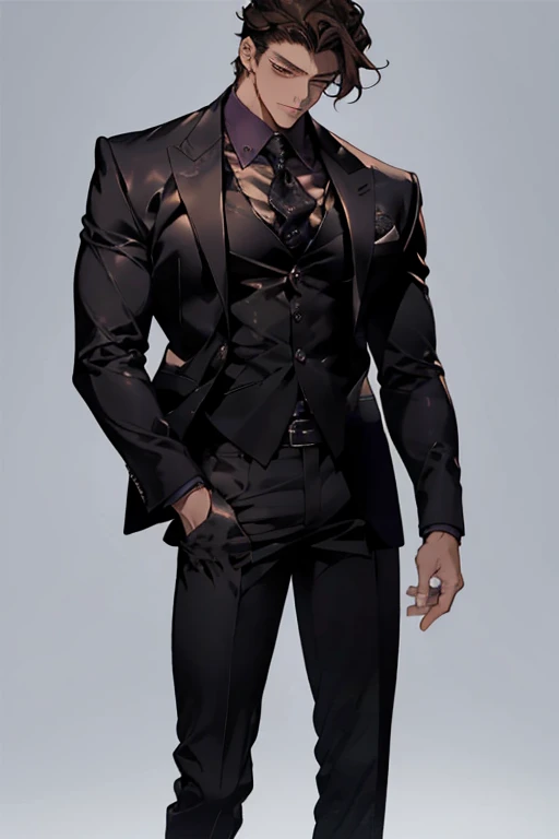 (Masterpiece), Best Quality, expressive eyes, gorgeous ((Brown haired man)), , Toned body, brown eyes, pretty masculino face, wide shoulders, Black silk suit, shirtless, tight pants, HD quality wallpaper, 24 years old, muscle, dress, enlarged on the face, Perfect dark layer overlay , Detailed beautiful perfect brown beard