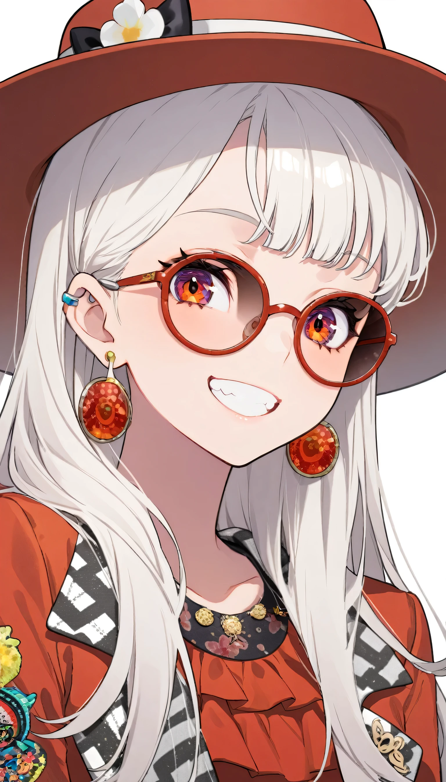 One girl, alone, Long Hair, View your viewers, smile, bangs, Blue Jacket, Red pastel skirt、Red eyes,White hair in the eye、Beautiful eyes that shine、Boater hat、jewelry, Sitting, Jacket, Upper Body, Silver Hair、 earrings, Glasses, teeth, Grin, open Jacket, Earrings, sunGlasses, ring, ear Earrings,Colored Glasses, White Background、White background,Umaibo、Candy