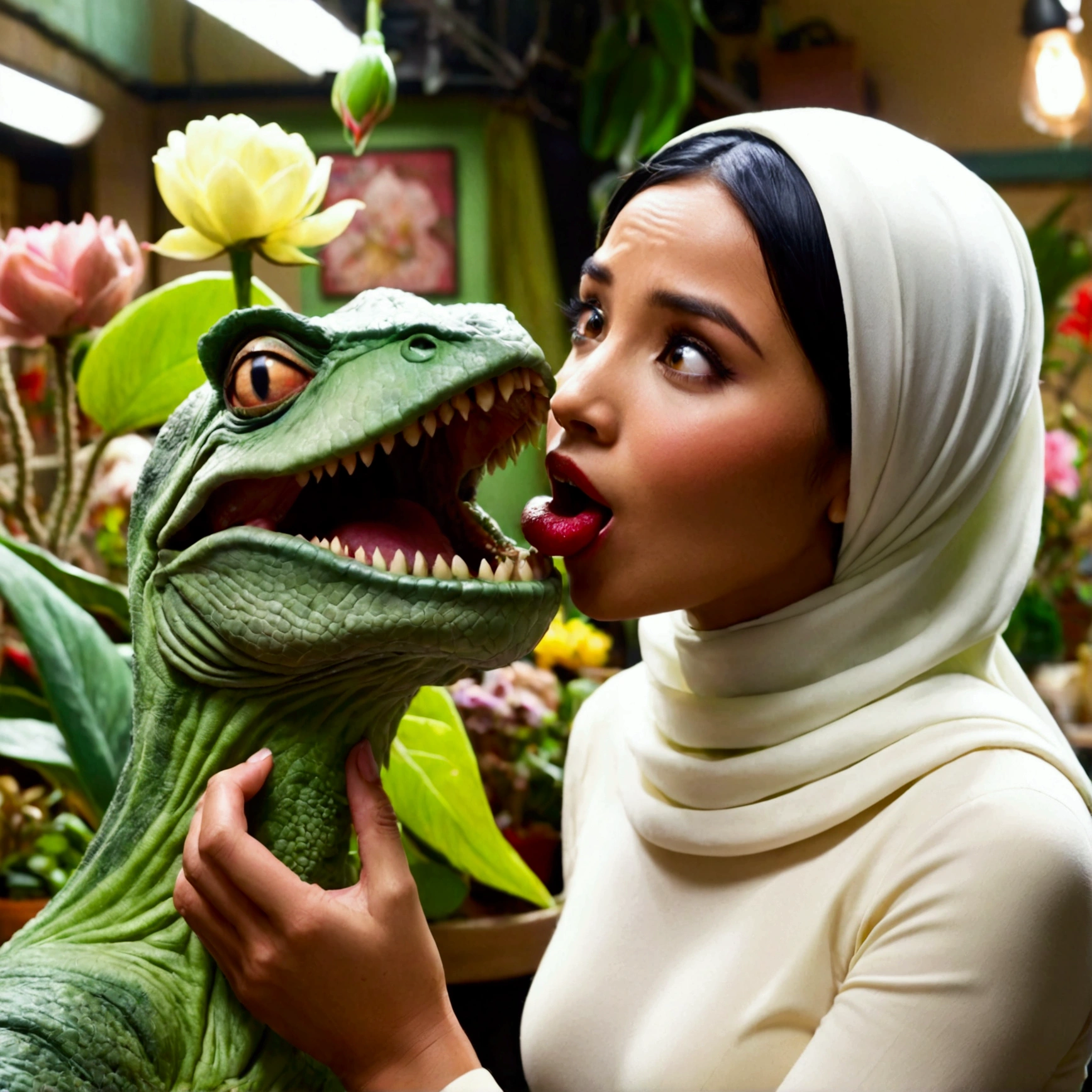 Little Shop of Horrors Audrey2 is a giant man eating plant. A sexy young malaysian woman in a hijab is looking into Audrey2's mouth, she is in a flower shop