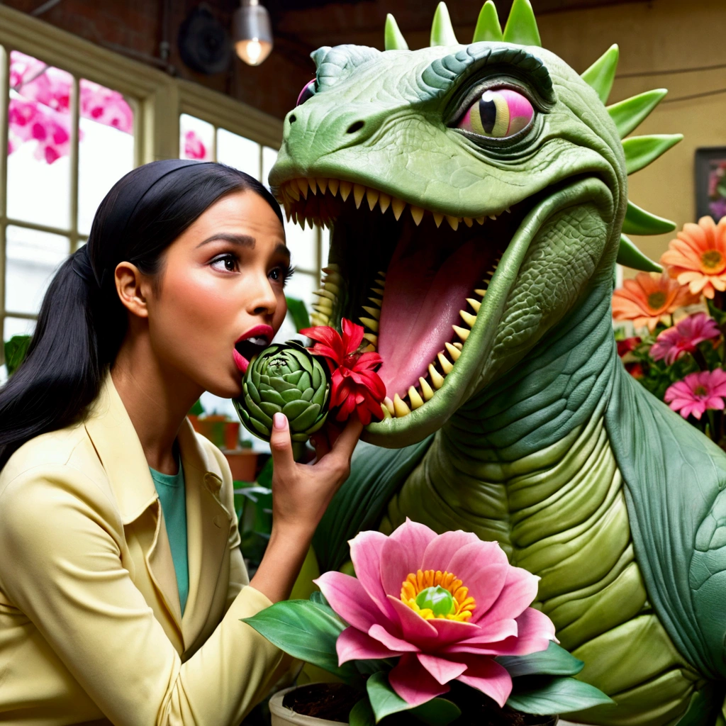 Little Shop of Horrors Audrey2 is a giant man eating plant. A sexy young malaysian woman in a hijab is looking into Audrey2's mouth, she is in a flower shop
