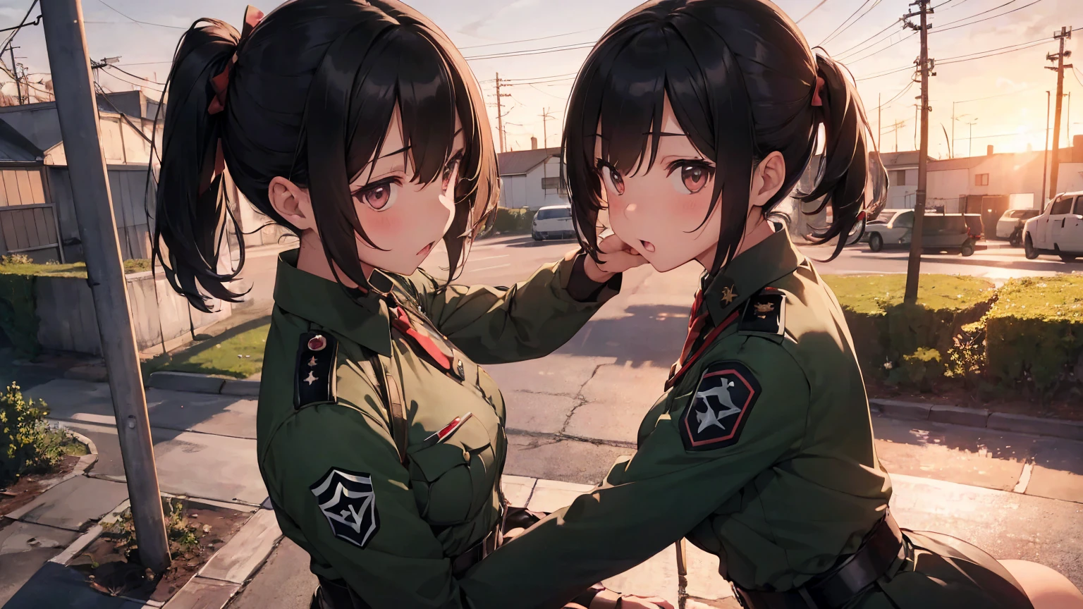  Gestapo uniform, female lesbian  kawaii sisters kissing passionately with T-54 military tank. wearing Luftwaffe uniforms. 8k. masterpiece. best quality. best artwork. lingerie. Swastika insignia red armband. bare breasts. sunset.