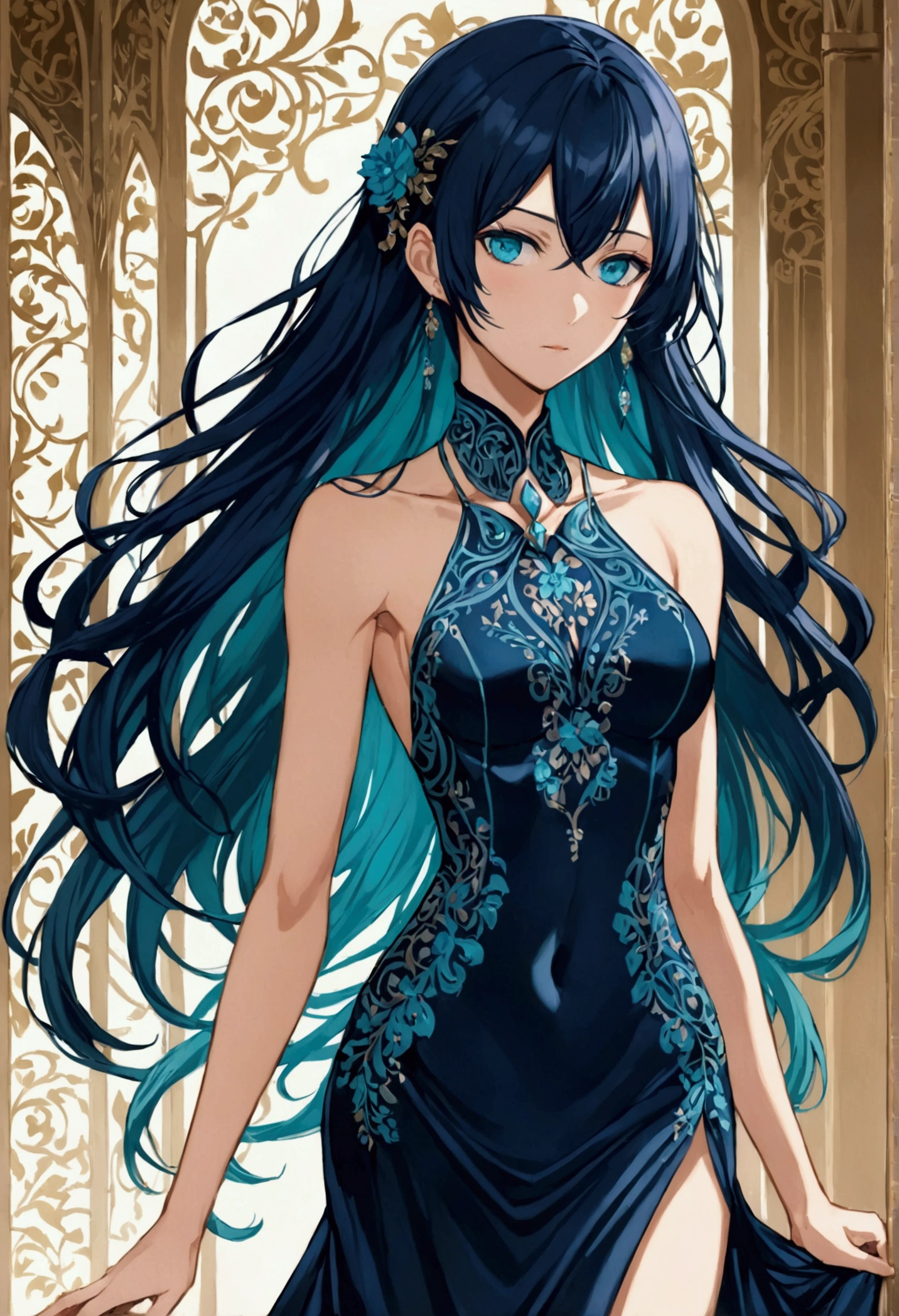 Anime girl with long dark blue hair and turquoise eyes, slender and athletic body type,Her physique is lean and toned,wearing an elegant dress