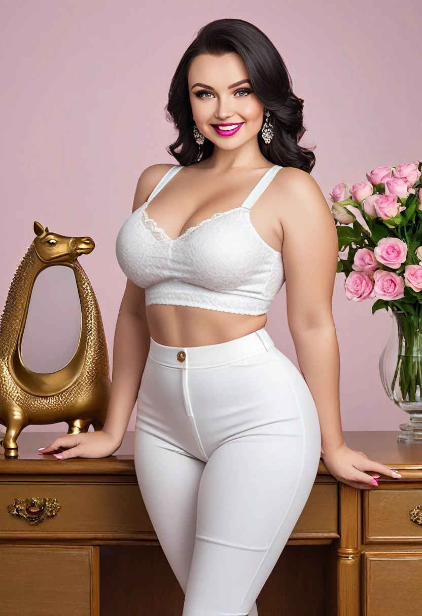 ((best quality)), ((perfect face)), ((adult woman)), ((housewife)), ((milf)), full frontal photograph captures Olesya standing in high heels, big smile and pink lipstick. Wearing white leggings and a transparent crop top. Visible camel toe. a 33-year-old white Ukrainian woman with a BBW body, chubby round face, tiny breasts, puffy nipples, hairy pussy, and captivating features Her black medium-length hair frames her light tan skin beautifully, creating a mesmerizing visual contrast. Olesya exudes confidence and style, dressed in trendy attire that accentuates her curves.