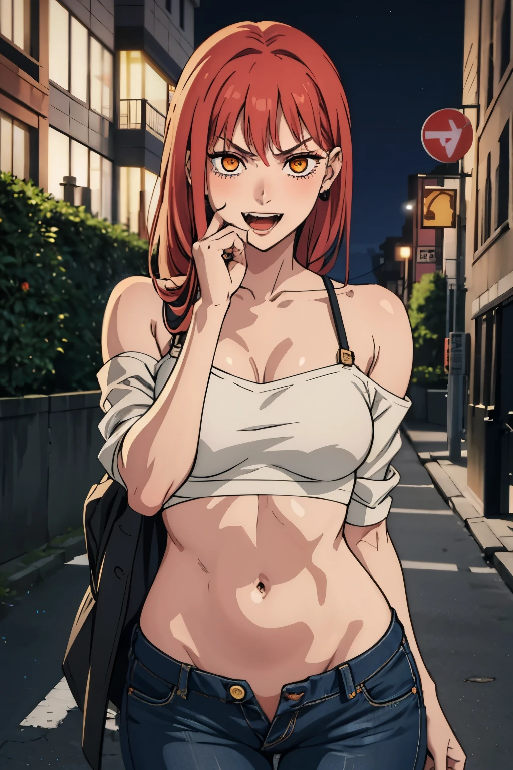 makima \(chainsaw man\), 1girl, solo, standing, red hair, long hair, golden eyes, bangs, medium breasts, smile, (evil:1.2), blush, lipstick, jewelry, earrings, Hot girl, baddie, off shoulder, staring, glaring, shin raised up high, bad attitude, mean girl, dare, angry, hate, crazy, hot, slut, whore, smoking, sexy, cleavage, sensual, slutty, sultry, attractive, big breast, tattoo, e girl, big lips , blush, lipstick, outdoors, rooftop, cityscape, building, railing, night, night sky, scenery, , city lights, jacket, masterpiece,high quality,4k, bare shoulder,belly,crop top,holding pistol,cleavage,jeans,casual dress,street,road,smile, open mouth, (nsfw) not safe for work, holding a gun,handgun, evil expression, exposed belly, exposed navel, exposed midriff, exposed lower belly, crop top overhang, underboob, unbuttoned jeans , low rise black jeans, Low rise jeans, Low rise jeans with open fly, navel piercing