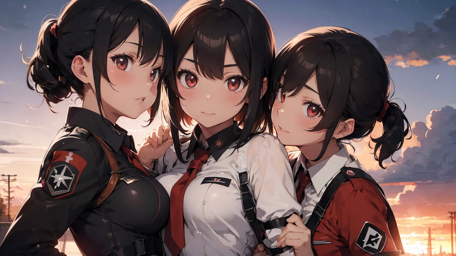 Gestapo uniform, female lesbian kawaii sisters kissing passionately with T-54 military tank. wearing Luftwaffe uniforms. 8k. masterpiece. best quality. best artwork. lingerie. Swastika insignia red armband. bare breasts. sunset. snow