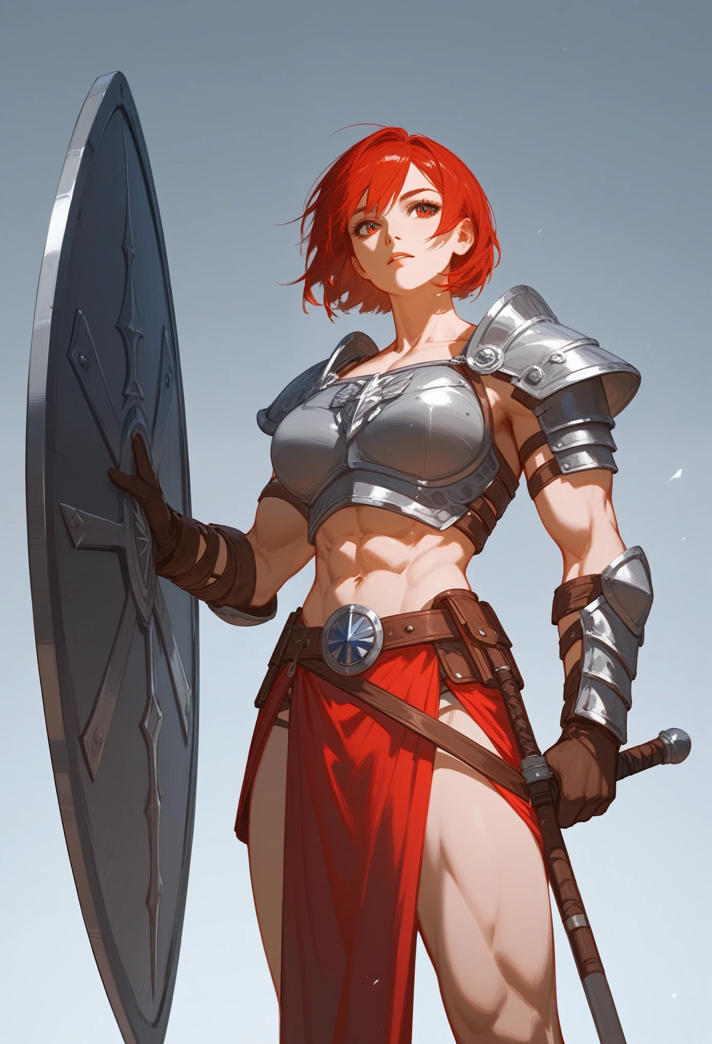 (Fraction_9,Fraction_8_Direction_7_up),1 a woman,（（（bust）））,Holding a huge shield，(masterpiece:1.2), best quality, high resolution,，A gladiator with a perfect body,,Beautiful and neat face,Muscular body:1.4,Detailed chest armor, Gloves、Standing, (head to thigh images),(( Red Bob Shorthair )),, Simon Bisley&#39;s urban wild style,Detailed ancient Roman background,Clean abs, Complex equipment, Dark Brown，With white stars and off-white stripes,,,of armor, Poison Tattoo，