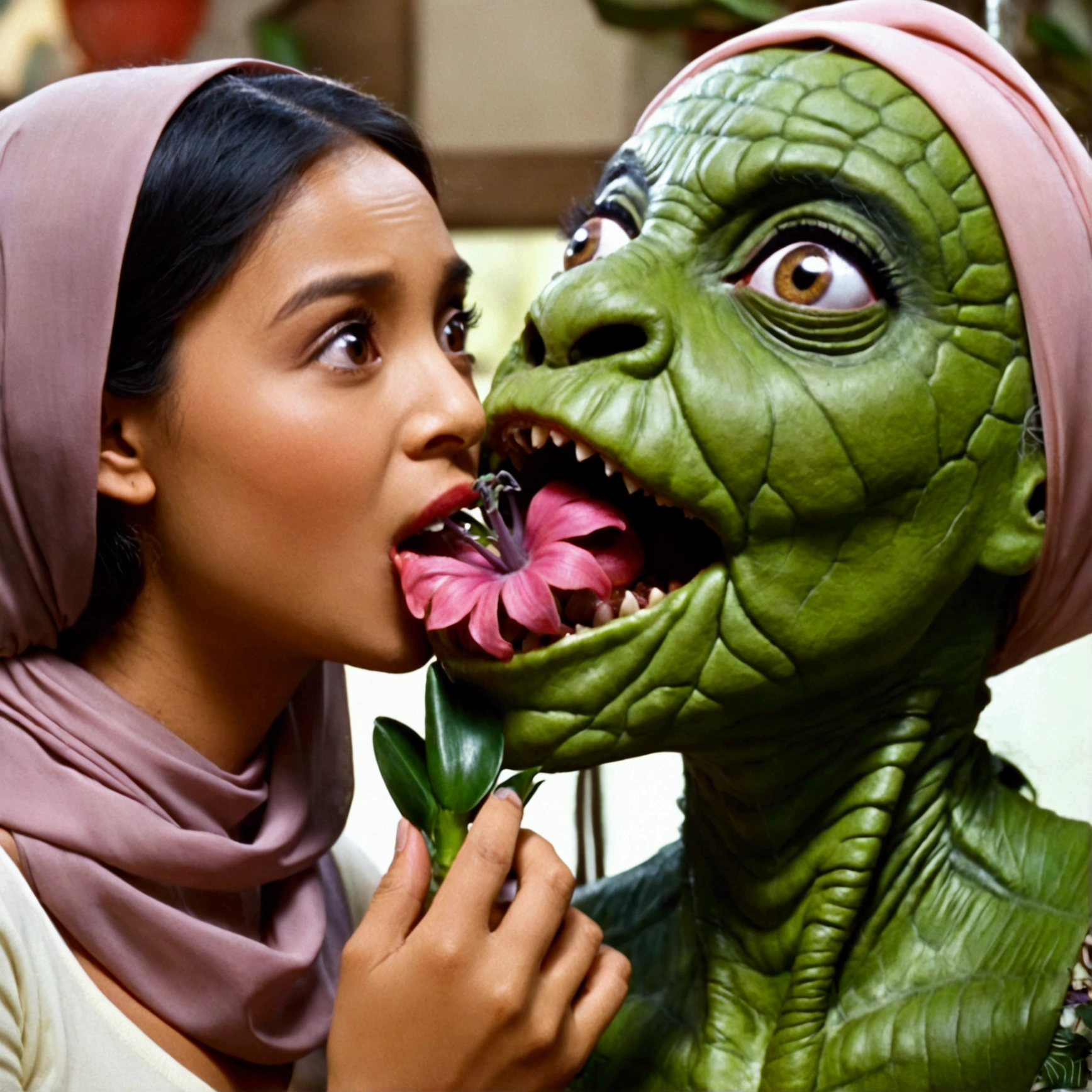 Little Shop of Horrors Audrey2 is a giant man eating plant. A sexy young malaysian woman in a hijab is looking into Audrey2's mouth, she is in a flower shop