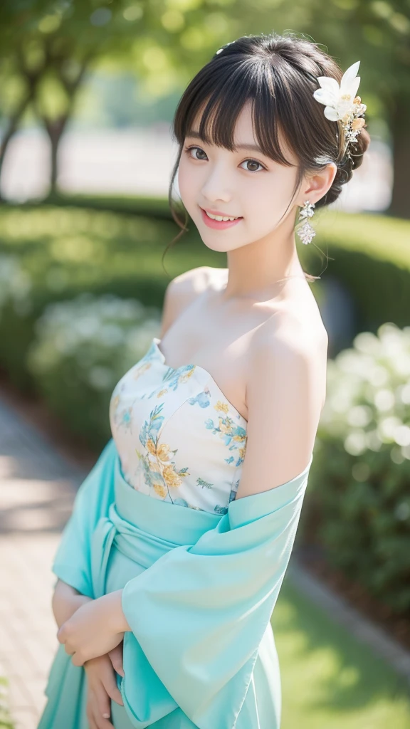 Smile, Looking at the audience, Hair accessories, Japanese clothes, side , Separate sleeves, Wide sleeves, Jewelry, earrings, Bare shoulders, 1 Girl, windy, outdoors, Digital SLR Camera, Bokeh, outdoor, Grass, Trees, evergreen, Sunlight, Sunlight, detailed, Ultra Detailed, high resolution, best quality, masterpiece, light,