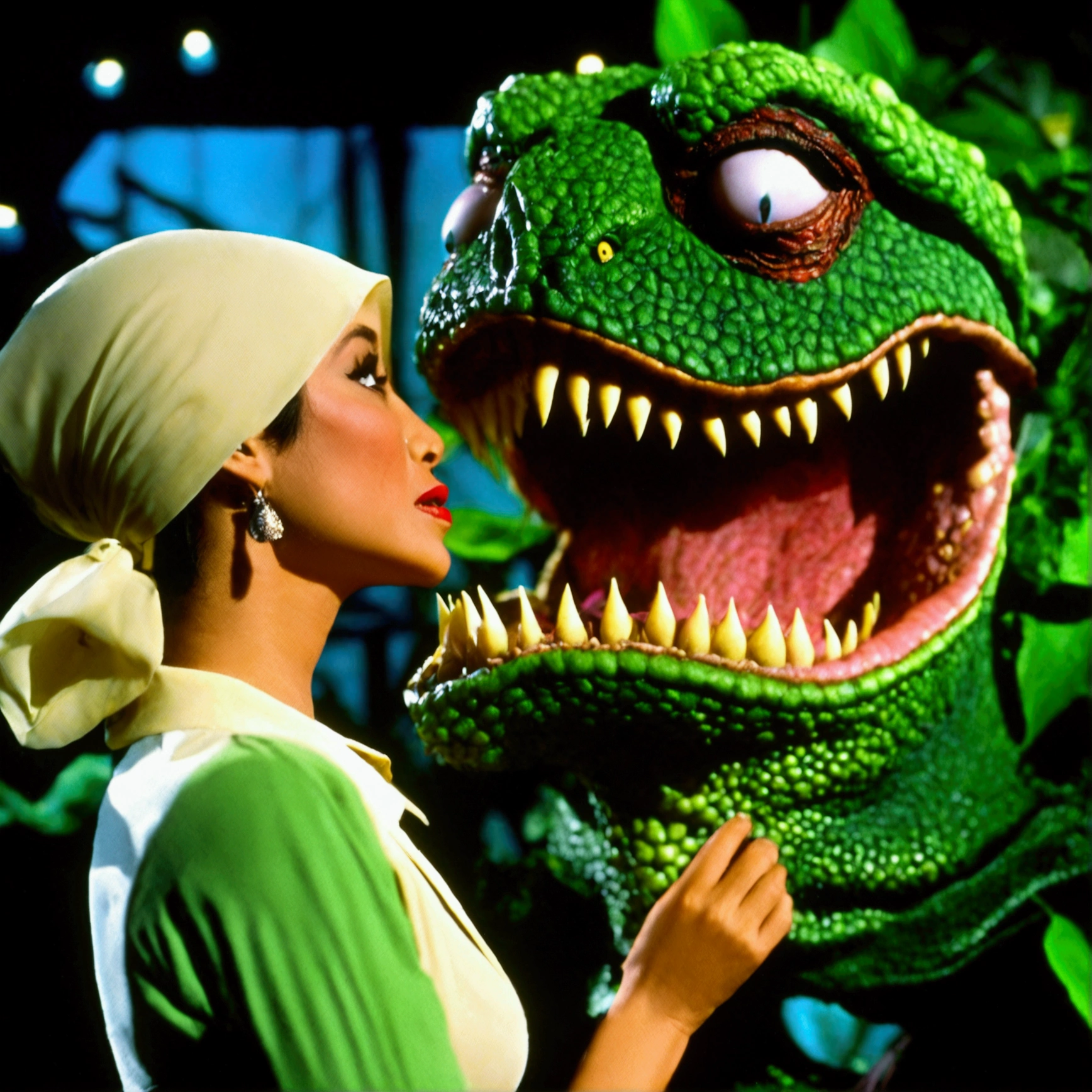 Little Shop of Horrors Audrey2 is a giant man eating plant. A sexy young malaysian woman in a hijab is looking into Audrey2's mouth, she is in a flower shop