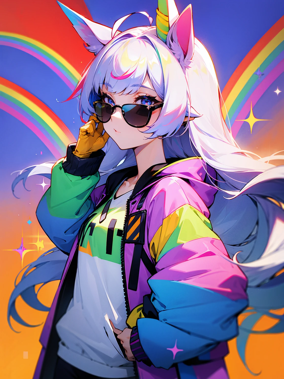 1female, long hair, straight hair, horse ears, unicorn horn, rainbow jacket, sunglasses, confident