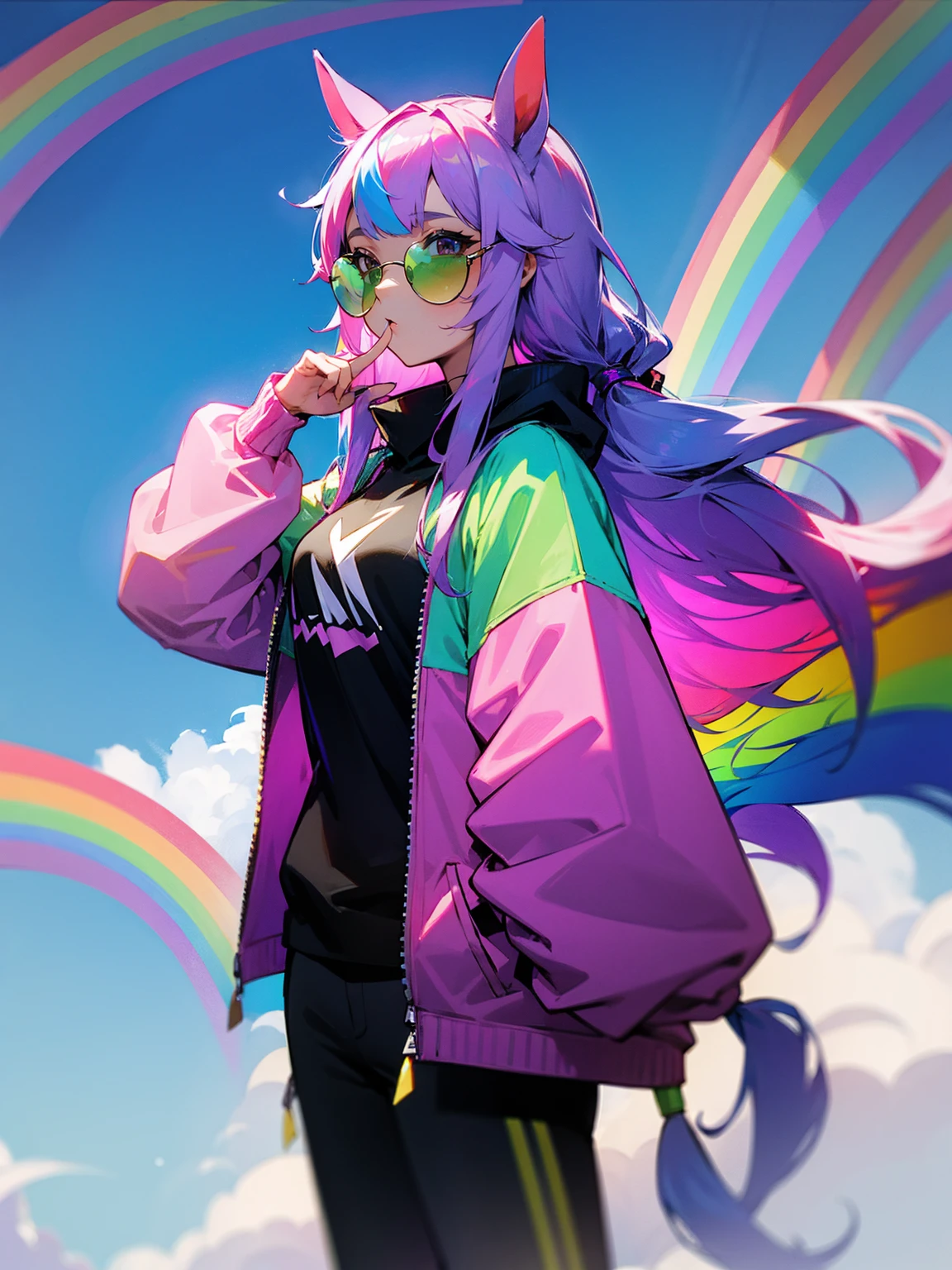 1female, long hair, straight hair, horse ears, unicorn horn, rainbow jacket, sunglasses, confident