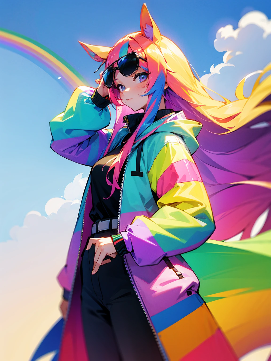 1female, long hair, straight hair, horse ears, unicorn horn, rainbow jacket, sunglasses, confident